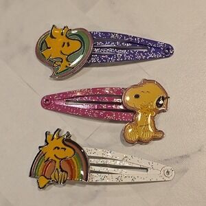 Vtg Snoopy & Woodstock Hair Snap Clips Enamel Rainbow Glitter Set of 3